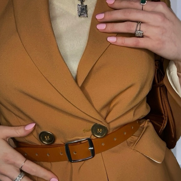 New Zara Camel Brown Oversized Dual Pocket Blazer Double Breasted Gold Detail - Picture 4 of 7